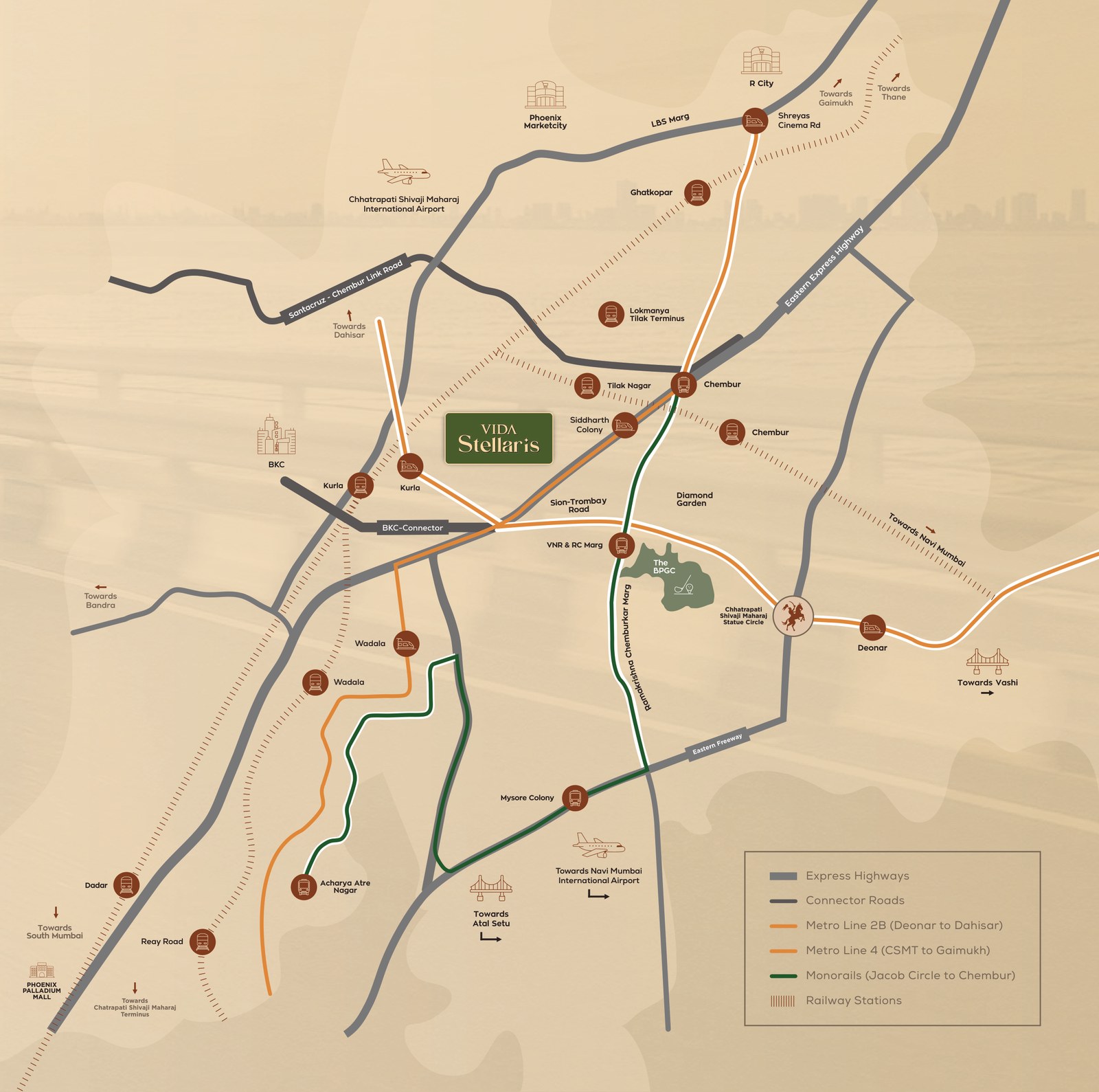 Locality map showing Vida Stellaris at Chembur East, with metro lines 2B and 4, the monorail, railway stations and connector roads