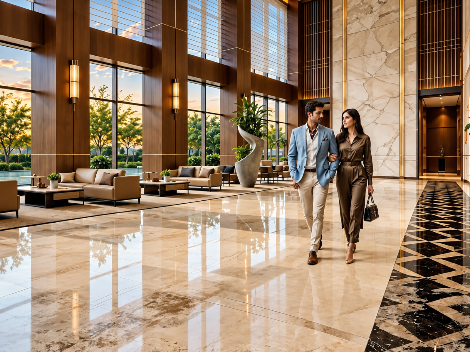 Double-height marble lobby at Vida Stellaris with lounge seating and garden views